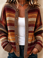 Women Bohemian Retro Striped Art Print Knit Button Cardigan