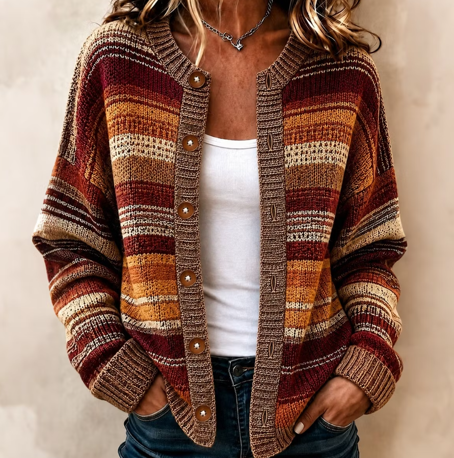 Women Bohemian Retro Striped Art Print Knit Button Cardigan