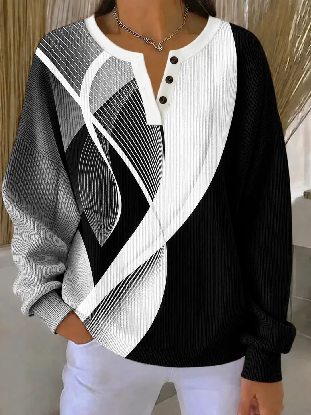 Casual Geometric Henley Collar Long Sleeve Sweatshirt