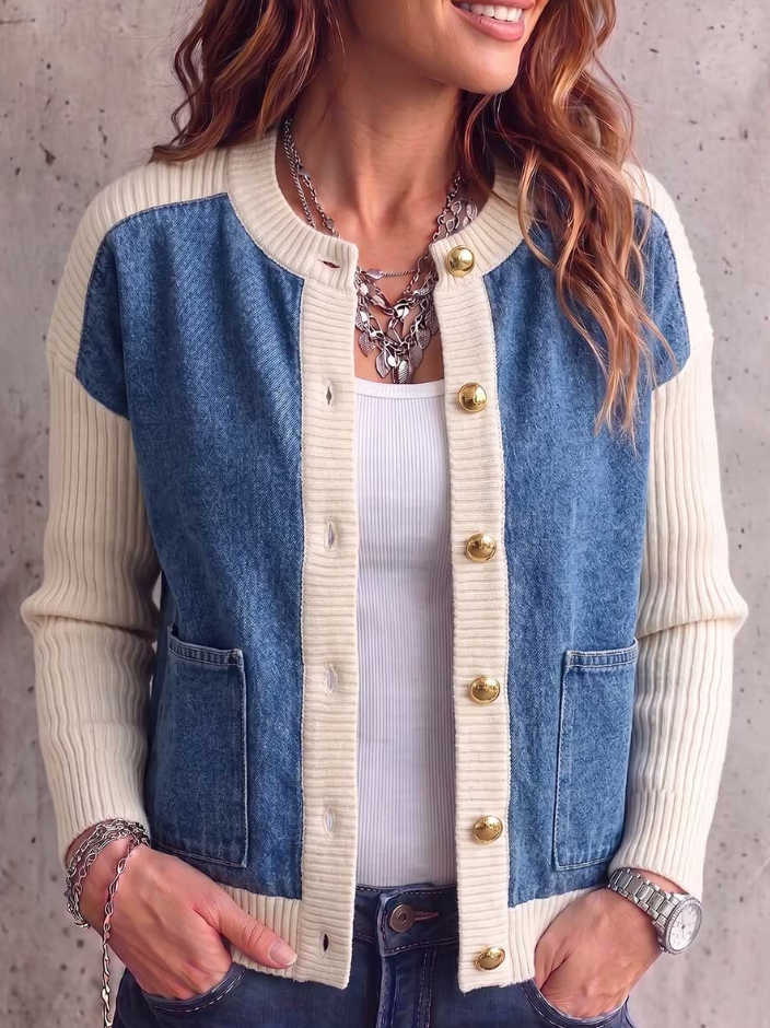 Women's Round Neck Long Sleeve Casual Loose Knitted Patchwork Denim Cardigan