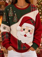 Women Casual Christmas Santa Patchwork Color Block Print Waffle Sweatshirt