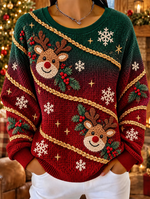 Women Casual Christmas Reindeer Print Waffle Sweatshirt
