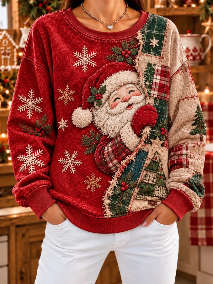 Women Casual Patchwork Christmas Santa Print Sweatshirt