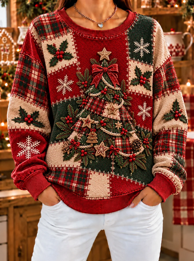 Women Patchwork Christmas Tree Print Casual Sweatshirt