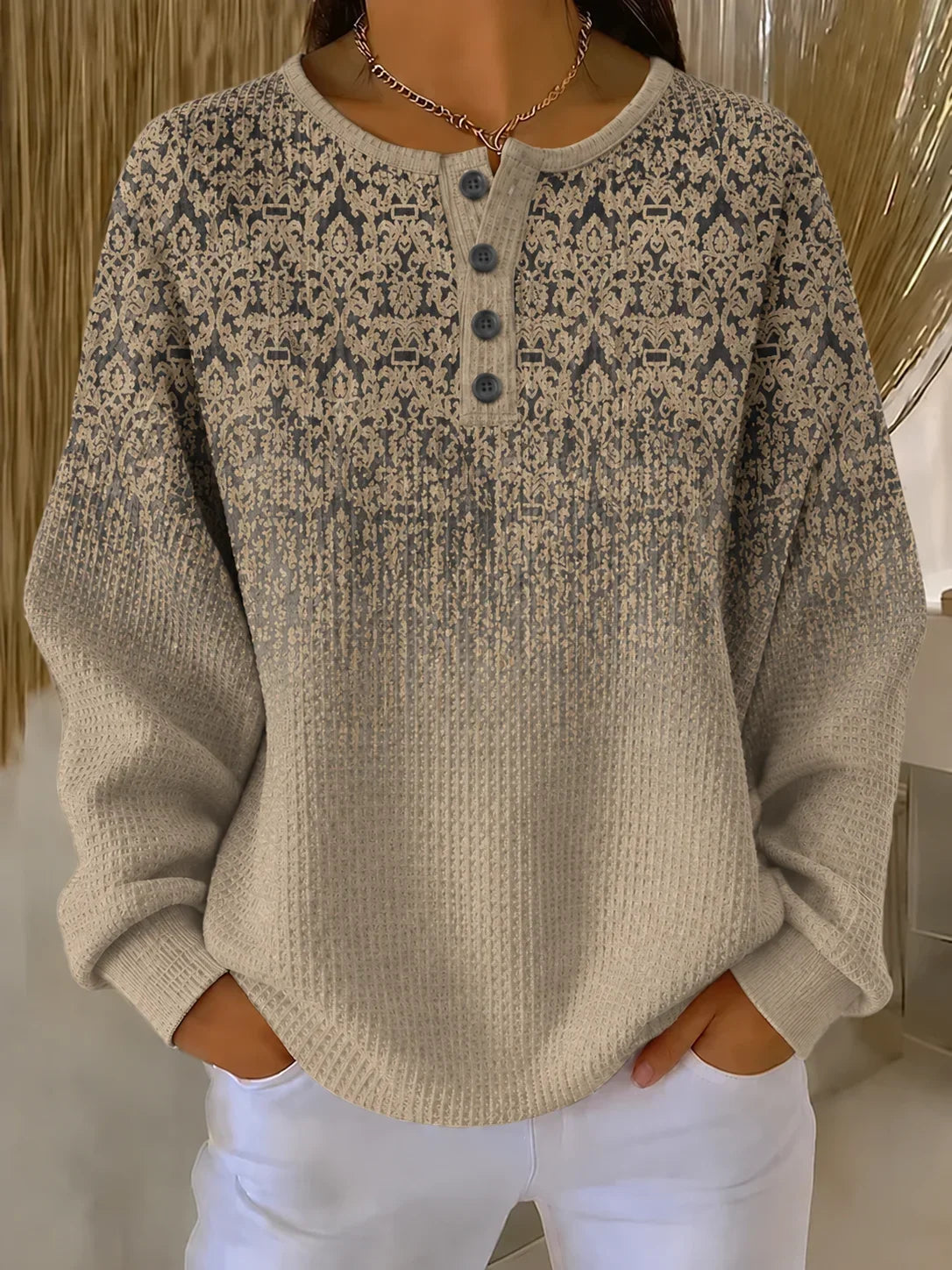 Casual Abstract Elegant Henley Collar Long Sleeve Sweatshirt