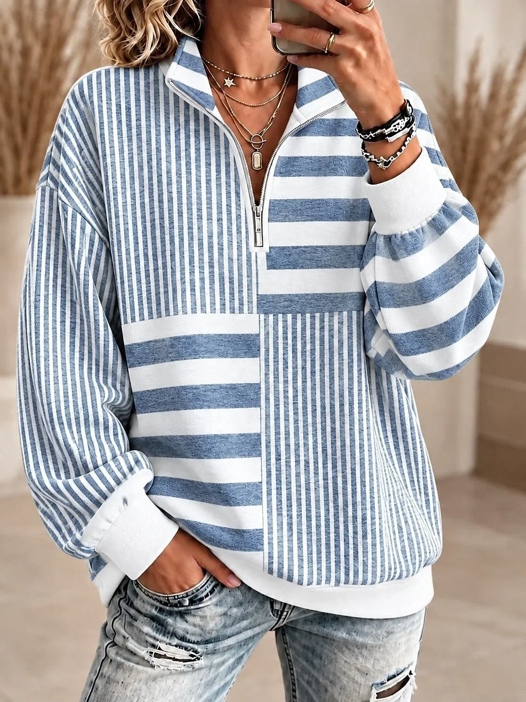 Casual Striped Shawl Collar Long Sleeve Sweatshirt