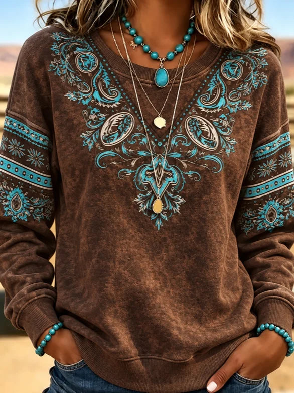 Vintage Floral Western Style Crew Neck Long Sleeve Sweatshirt