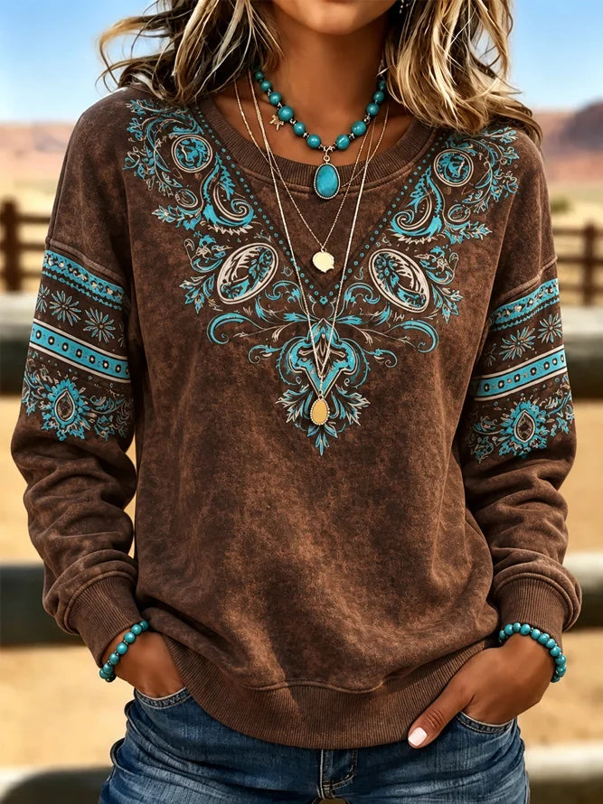 Vintage Floral Western Style Crew Neck Long Sleeve Sweatshirt