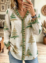 Women's Christmas Tree Print Ruffle Trim Long Sleeve V Neck Blouse