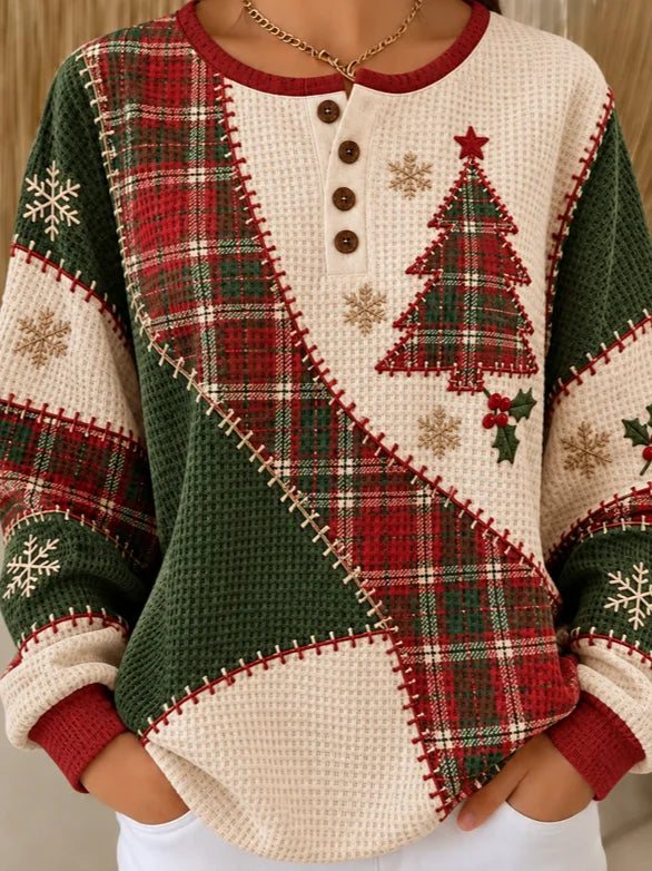 Christmas Tree Casual Geometric Henley Collar Sweatshirt