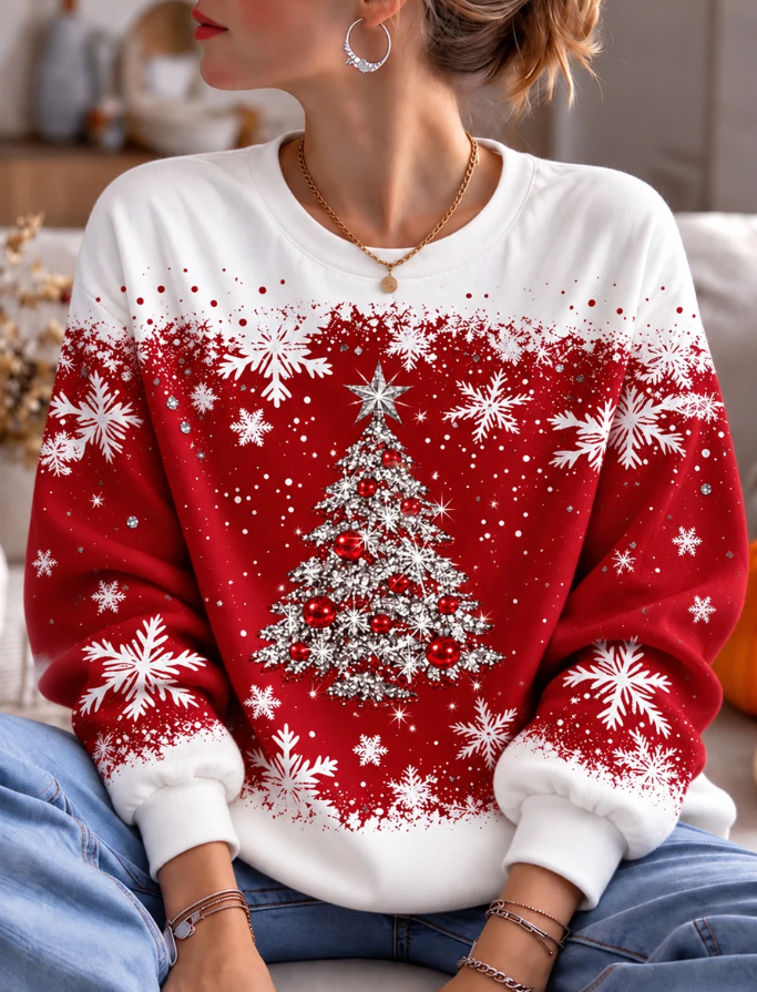 Women CasualShiny Christmas Tree And Snowflake Crew Neck Sweatshirt