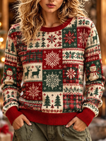 Women Patchwork Christmas Snowman Reindeer Knit Sweater