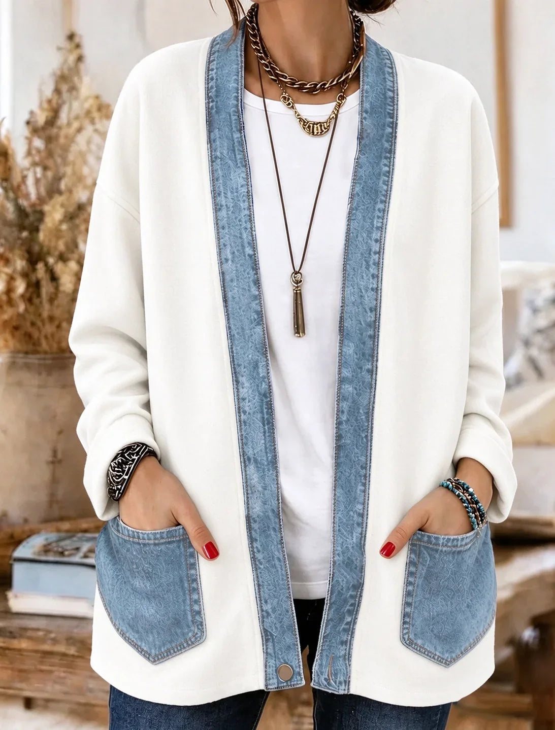 Women Plain Long Sleeve Comfy Vintage Printing Cardigan