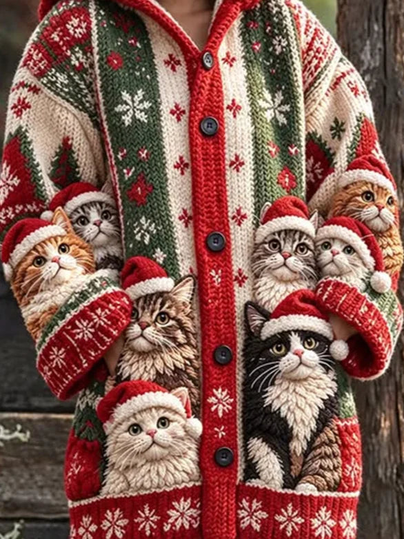 Women Christmas Cat Long Sleeve Comfy Casual Cardigan
