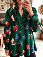 Women Christmas Print Ruffled V Neck Long Sleeve Holiday Elegant Blouse