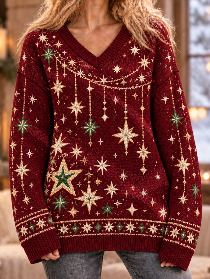 Women Christmas Sparkling Stars Garland Pattern V Neck Knit Sweater