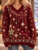 Women Christmas Sparkling Stars Garland Pattern V Neck Knit Sweater