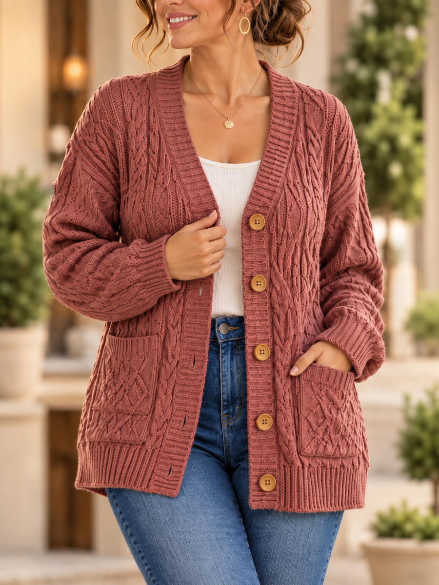 Cable Knit Button Front Pocket Cardigan