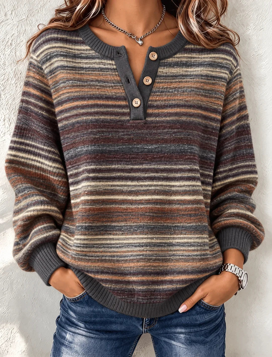 Casual Geometric Henley Collar Long Sleeve Sweatshirt