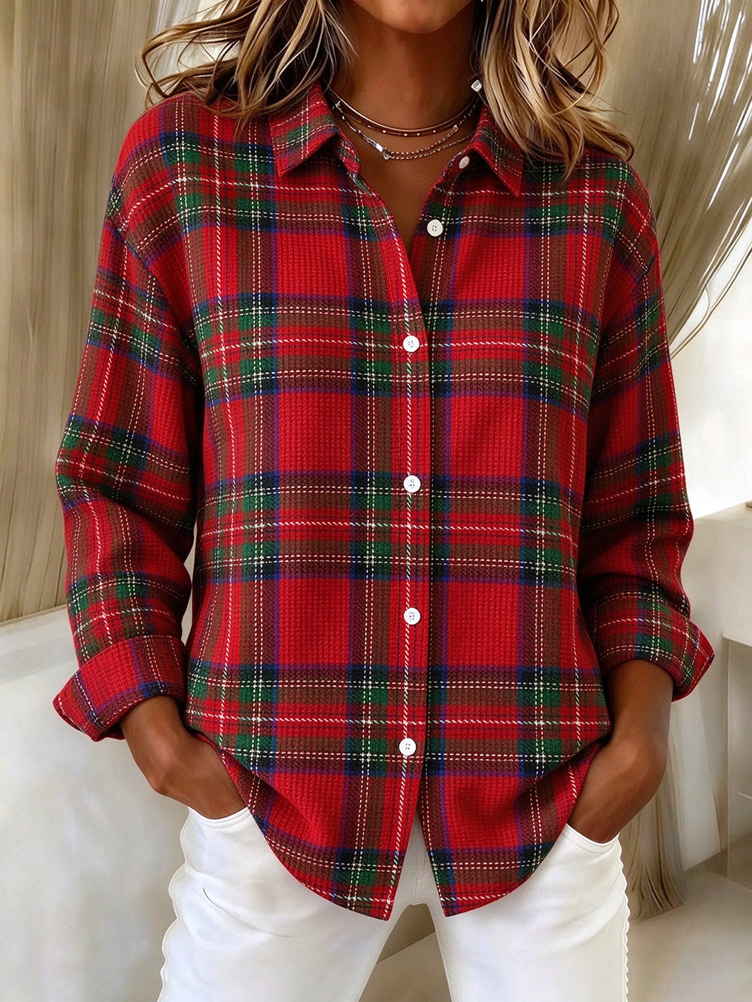 Women Plaid Casual Shirt Shirt Collar Long Sleeve Buckle Top