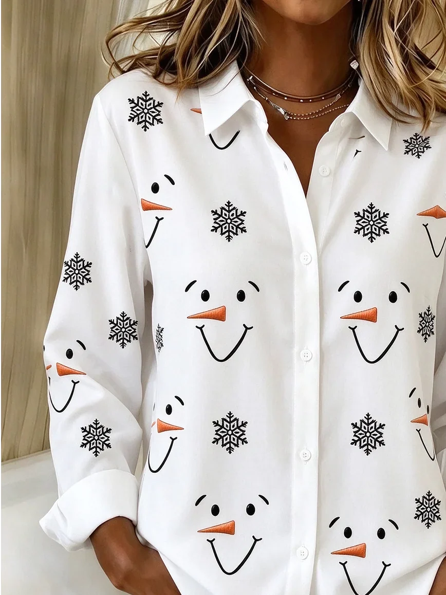 Women Christmas Snowman Casual Shirt Shirt Collar Long Sleeve Buckle Top