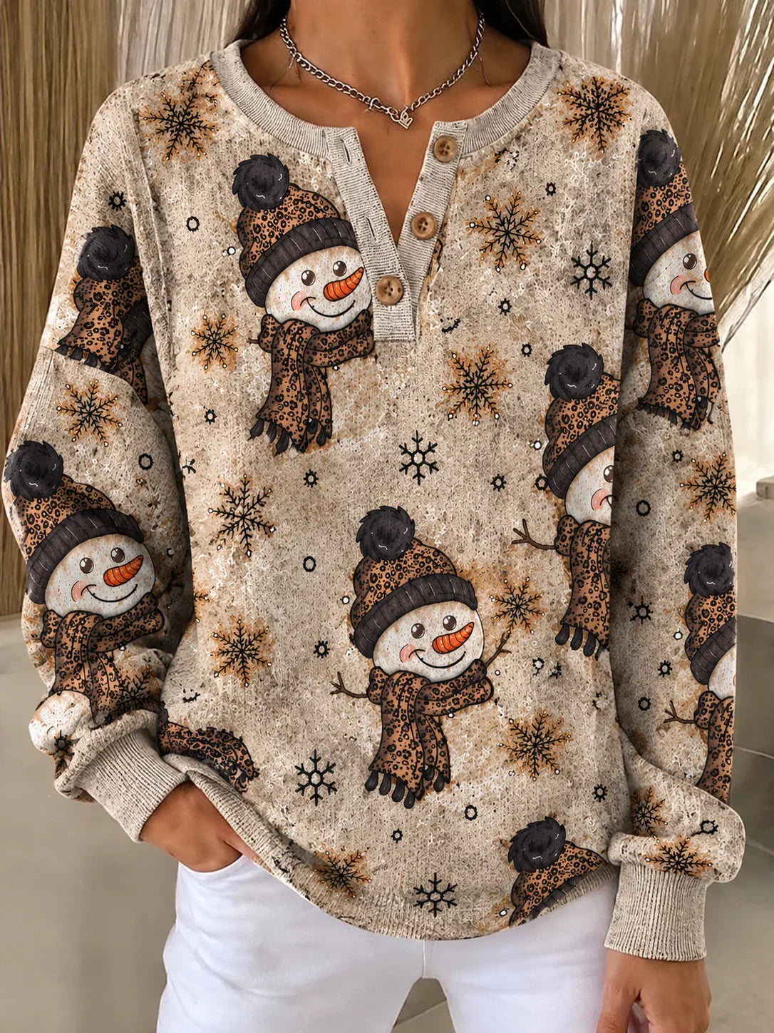 Vintage Christmas Snowman Festive Henley Collar Long Sleeve Sweatshirt