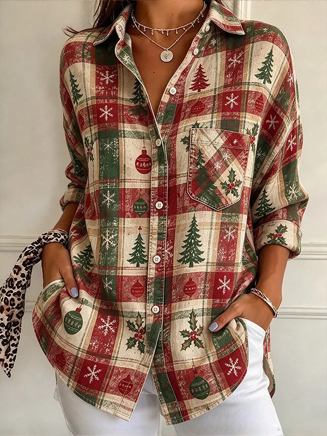 Women Plaid Vintage Shirt Shawl Collar Classic ong Sleeve Top
