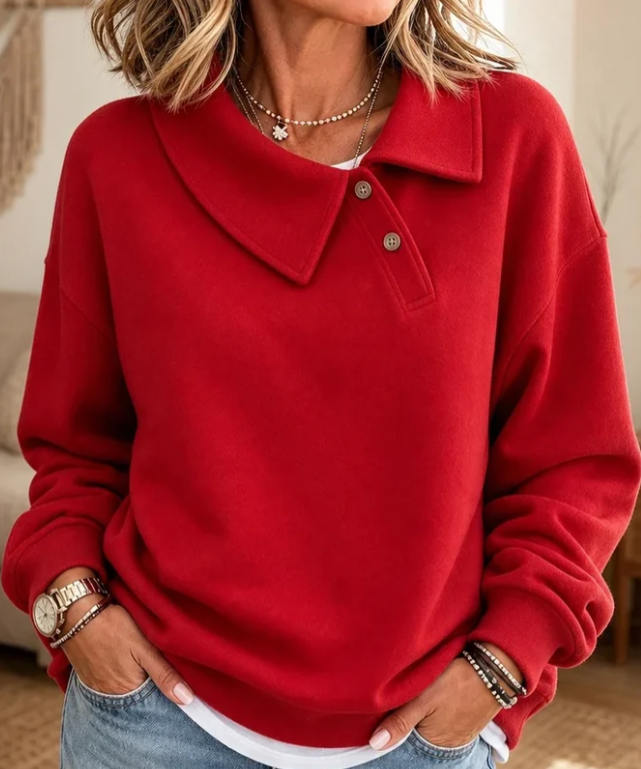 Solid Elegant Fold Over Collar Pullover Sweatshirt