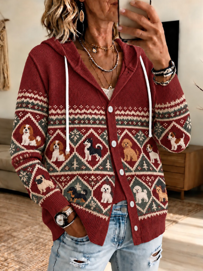 Women Cute Animal Dog Printed Knitted Cardigan