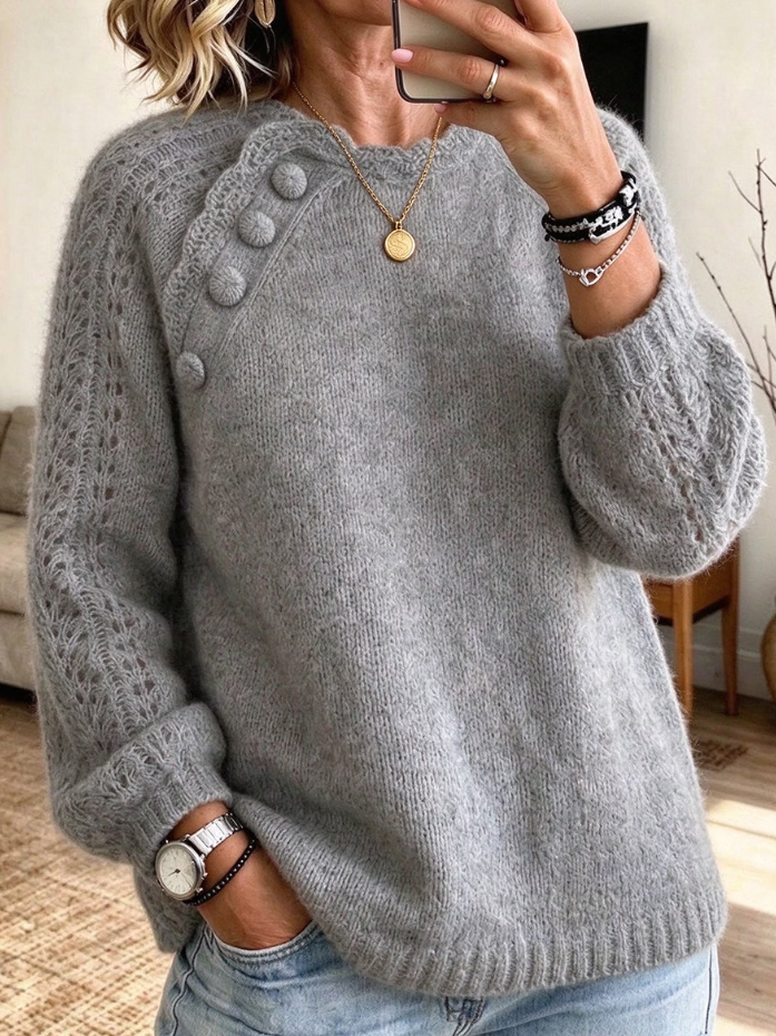 Chic Grey Openwork Mohair Blend Knit Top