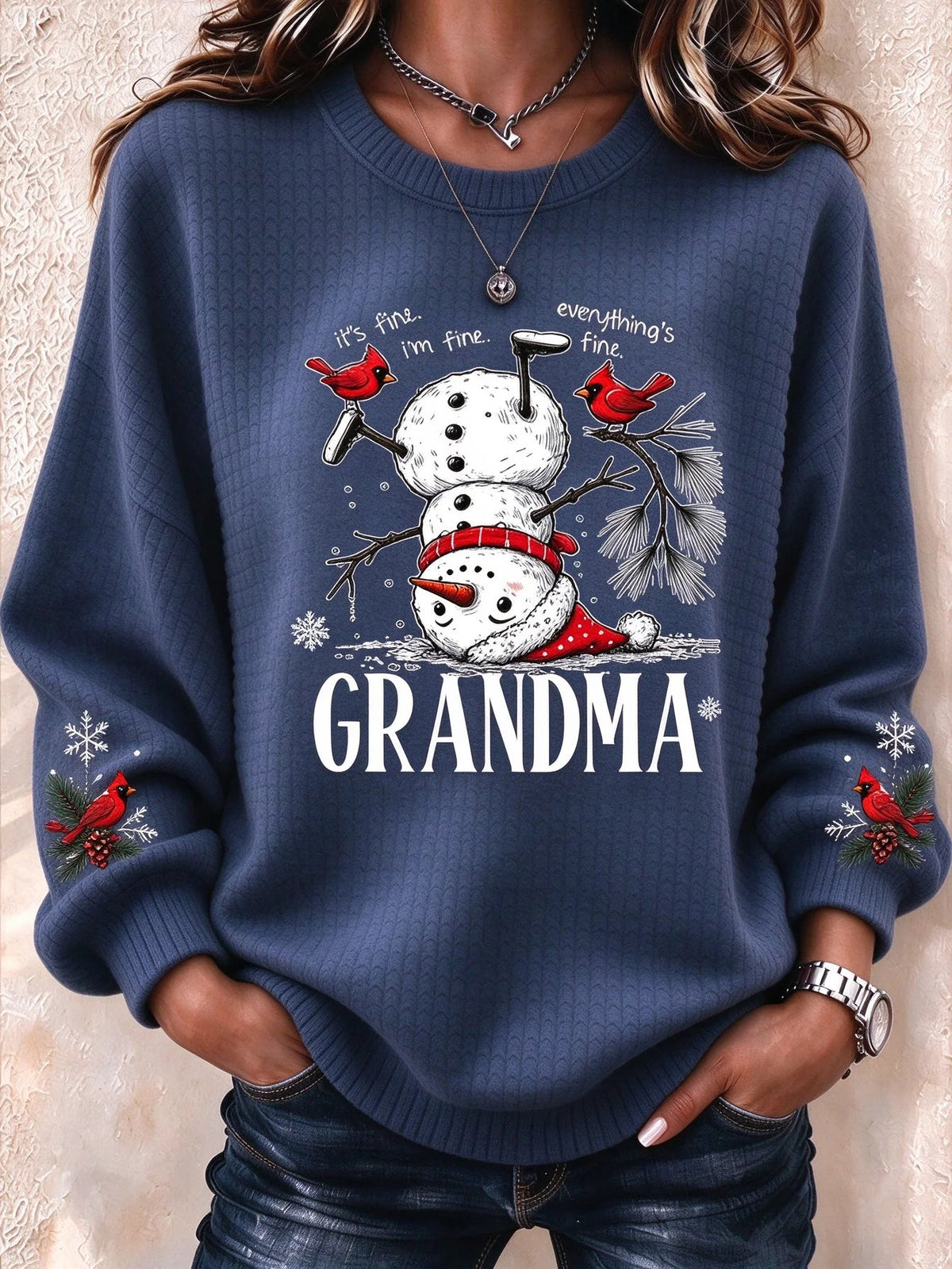 Casual Text Letters Christmas Snowman Bird Crew Neck Long Sleeve Sweatshirt