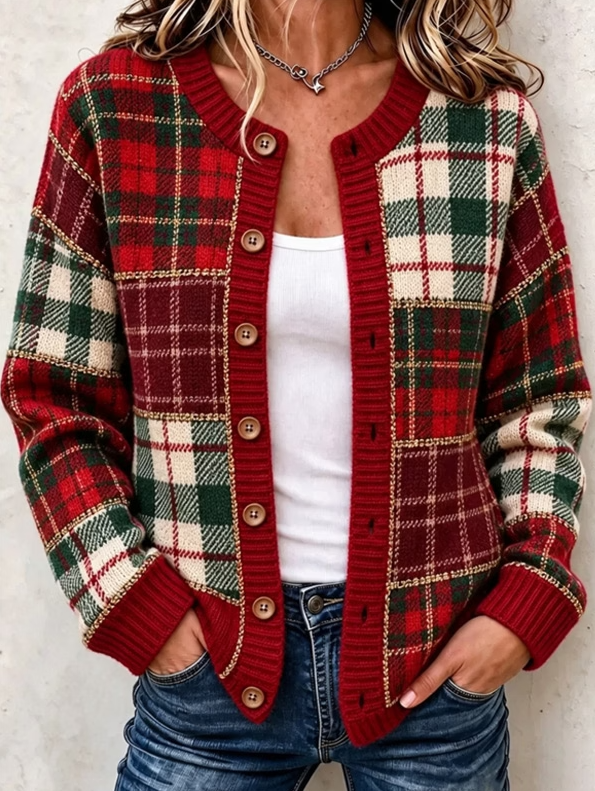 Women Vintage Patchwork Tartan Plaid Print Knit Cardigan