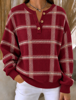 Women Regular Fit Line Plaid Henley Collar Casual Sweatshirt