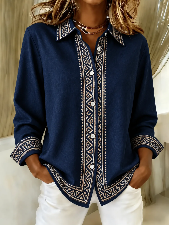 Women Casual Vintage Geometric Shirt Collar Long Sleeve Shirt