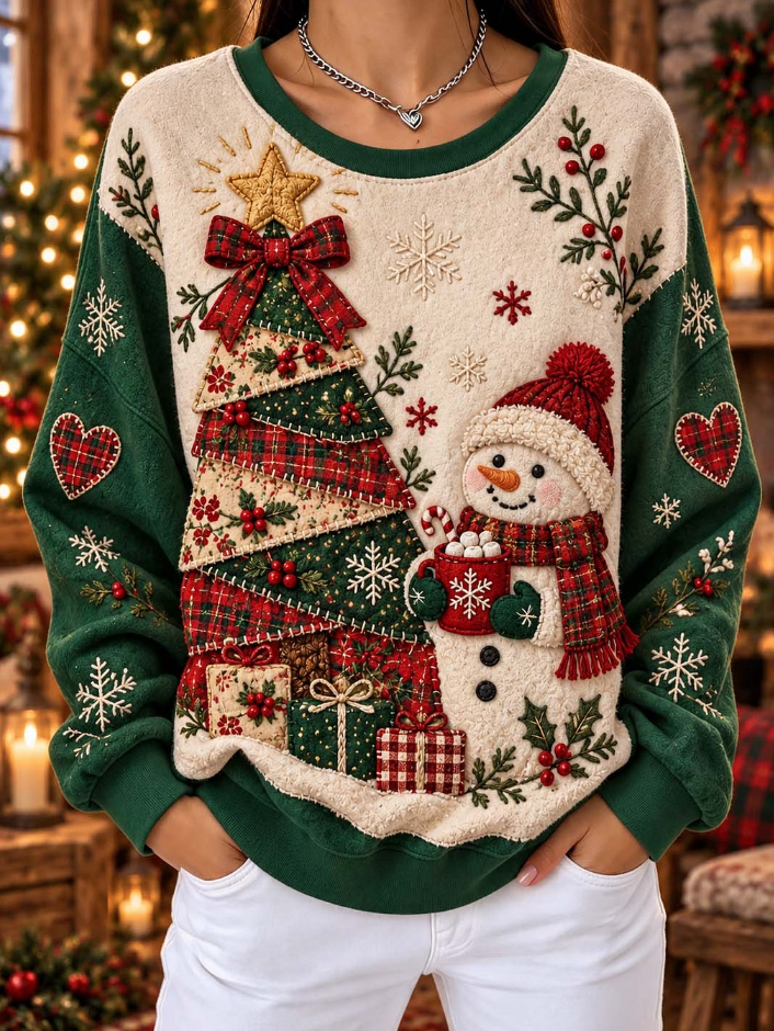 Festive Cozy Patchwork Christmas TreeSnowman Sweatshirt