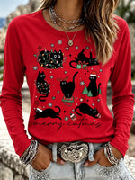 Simple Christmas Cat Crew Neck Casual Regular Fit T-Shirt