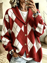 Vintage Diamond Plaid Button Front Suit Collar Cardigan