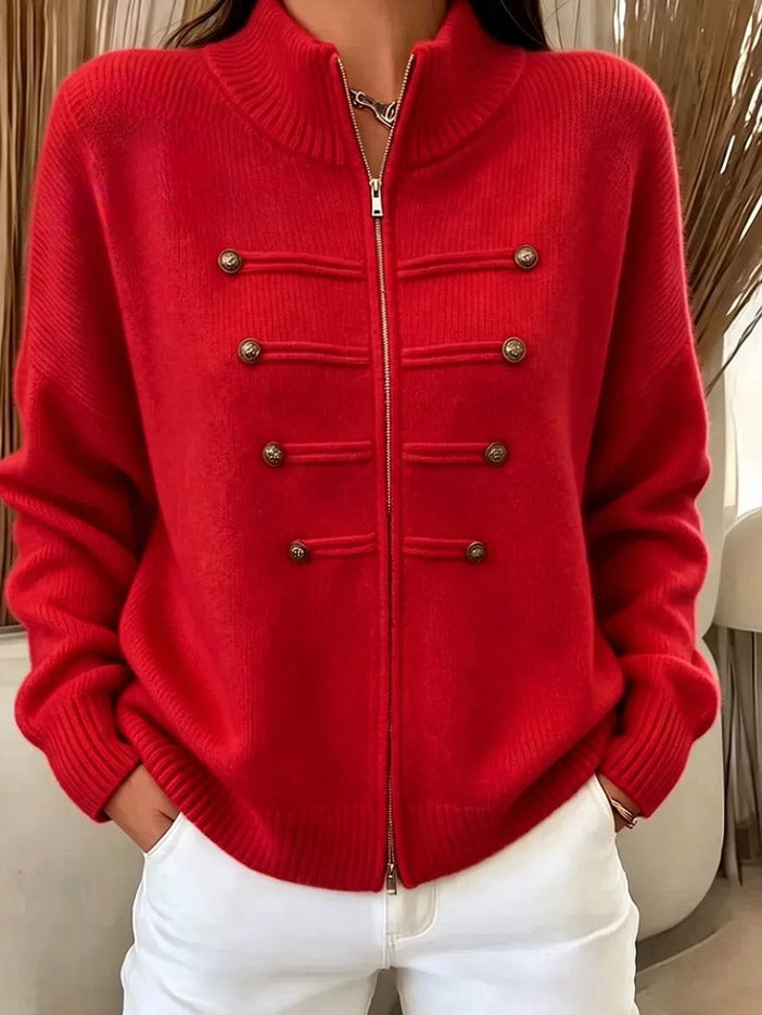 Women's Chic Ribbed Knit Stand Collar Zip Jacket With Button Detail
