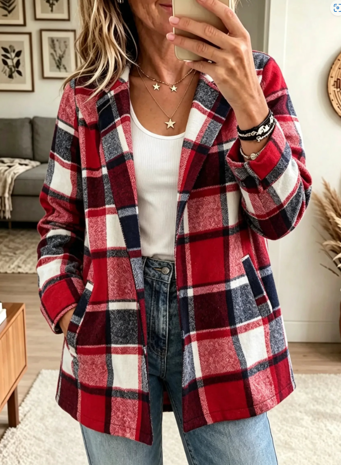 Women's Elegant Plaid Print Open Front Cardigan Coat