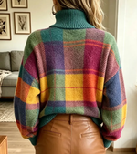 Retro Plaid Pattern Turtleneck Art Casual Stylish Long Sleeve Knit Sweater