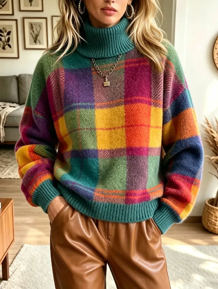 Retro Plaid Pattern Turtleneck Art Casual Stylish Long Sleeve Knit Sweater