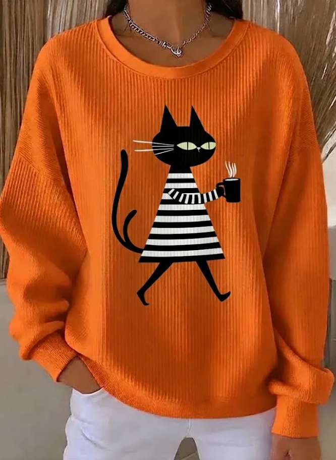 Women Cat Print Crew Neck Long Sleeve Sweatshirt
