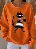 Women Cat Print Crew Neck Long Sleeve Sweatshirt