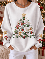 Women Animal Paw Christmas Tree Pattern Crew Neck Sweatshirt