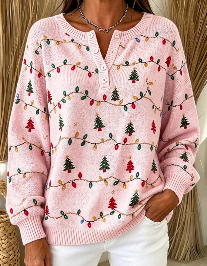 Women Cozy Christmas Tree Henley Collar Casual Sweater