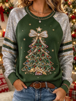 Women Leopard Christmas Tree Sequin Print Long Sleeve Sweatshirt