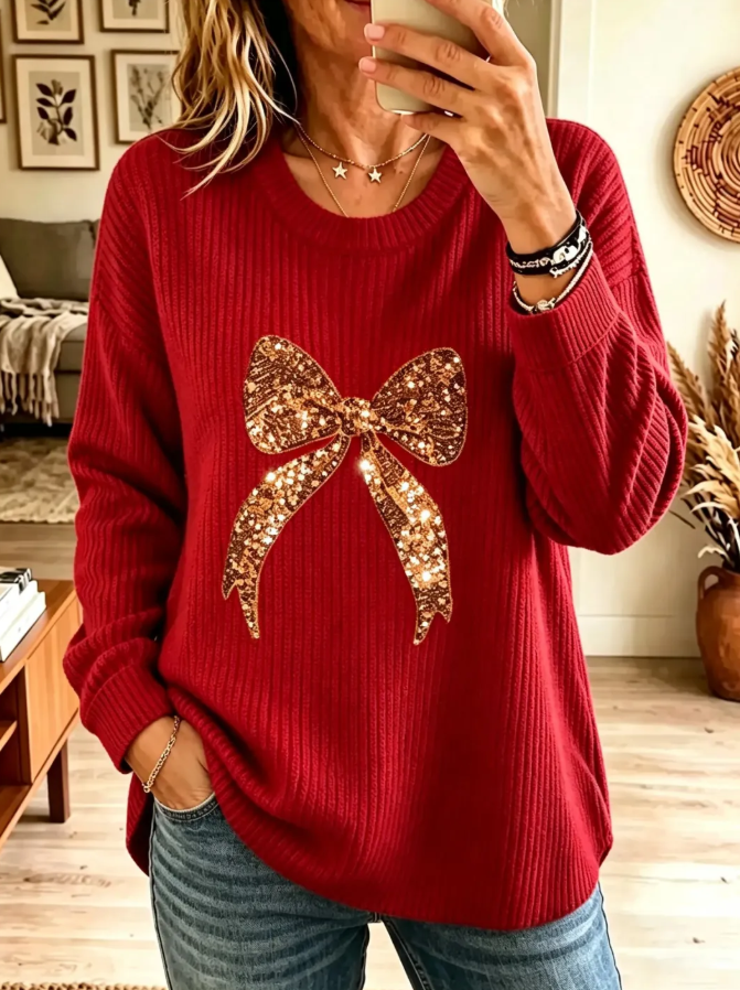 Women Casual Glitter Bow Graphic Knit Sweater