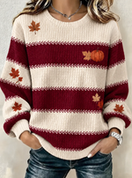 Women Striped Maple Leaf Crew Neck Casual Sweatshirt