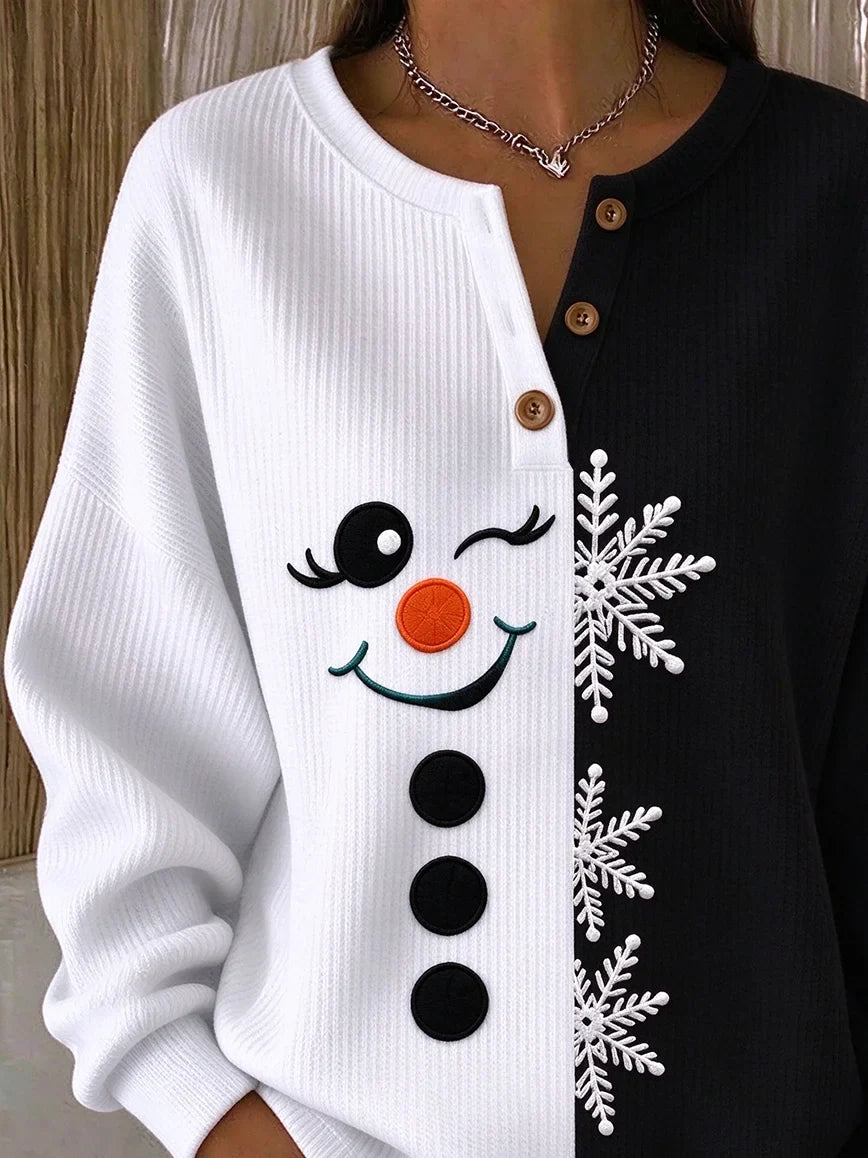 Vintage Christmas Snowman Henley Collar Long Sleeve Sweatshirt