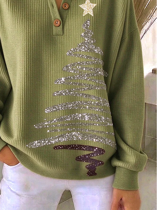 Vintage Christmas Henley Collar Casual Long Sleeve Sweatshirt